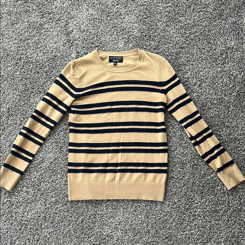 Banana Republic Tan and Blue Striped Wool/Cashmere Sweater